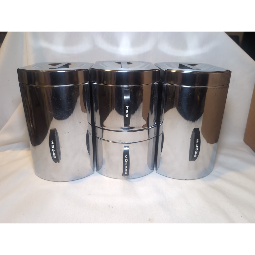 VINTAGE KROMEX MCM CHROME KITCHEN CANISTER SET COFFEE TEA FLOUR  SUGAR